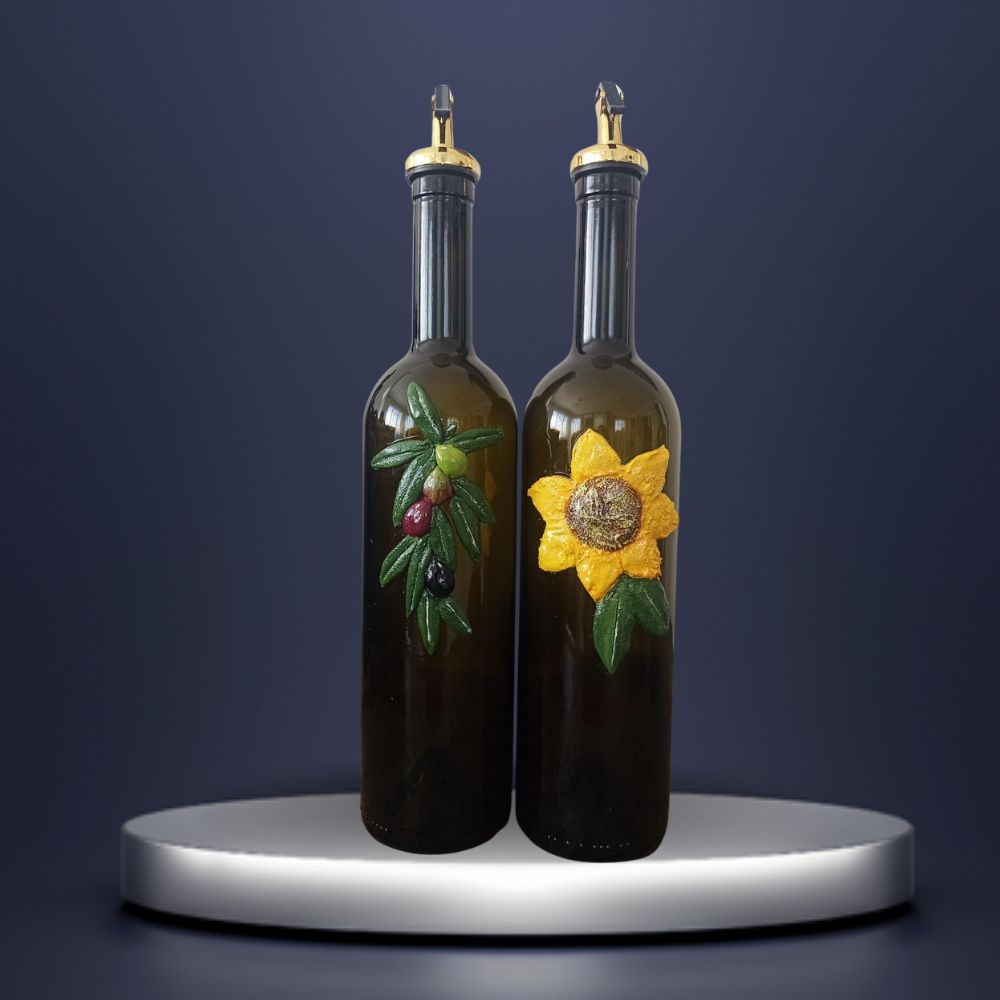 Figen Çiçek Tasarım Rölyef Zeytinyağı Şişesi 2li Set - zeytinhouse.com